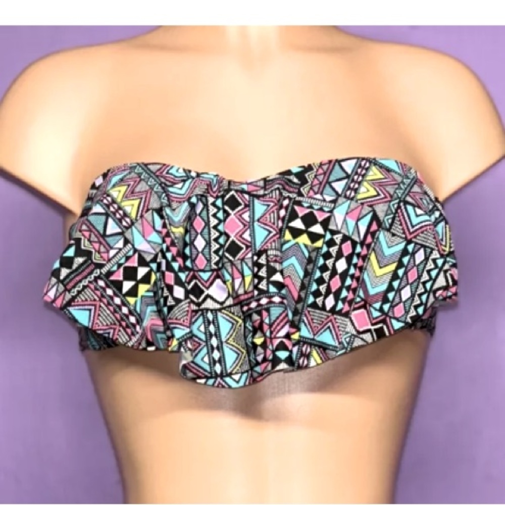 Hula Honey Flounce Bikini Top, Geometric Tribal Pattern, Size Medium